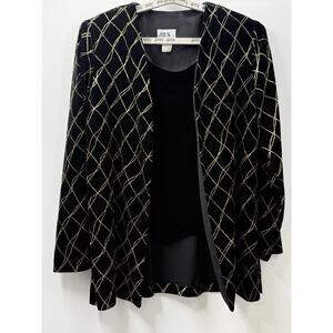 J.B.S. LTD. Size 12 Vintage Velvet Metallic Grid Open Front Jacket Black/Gold
